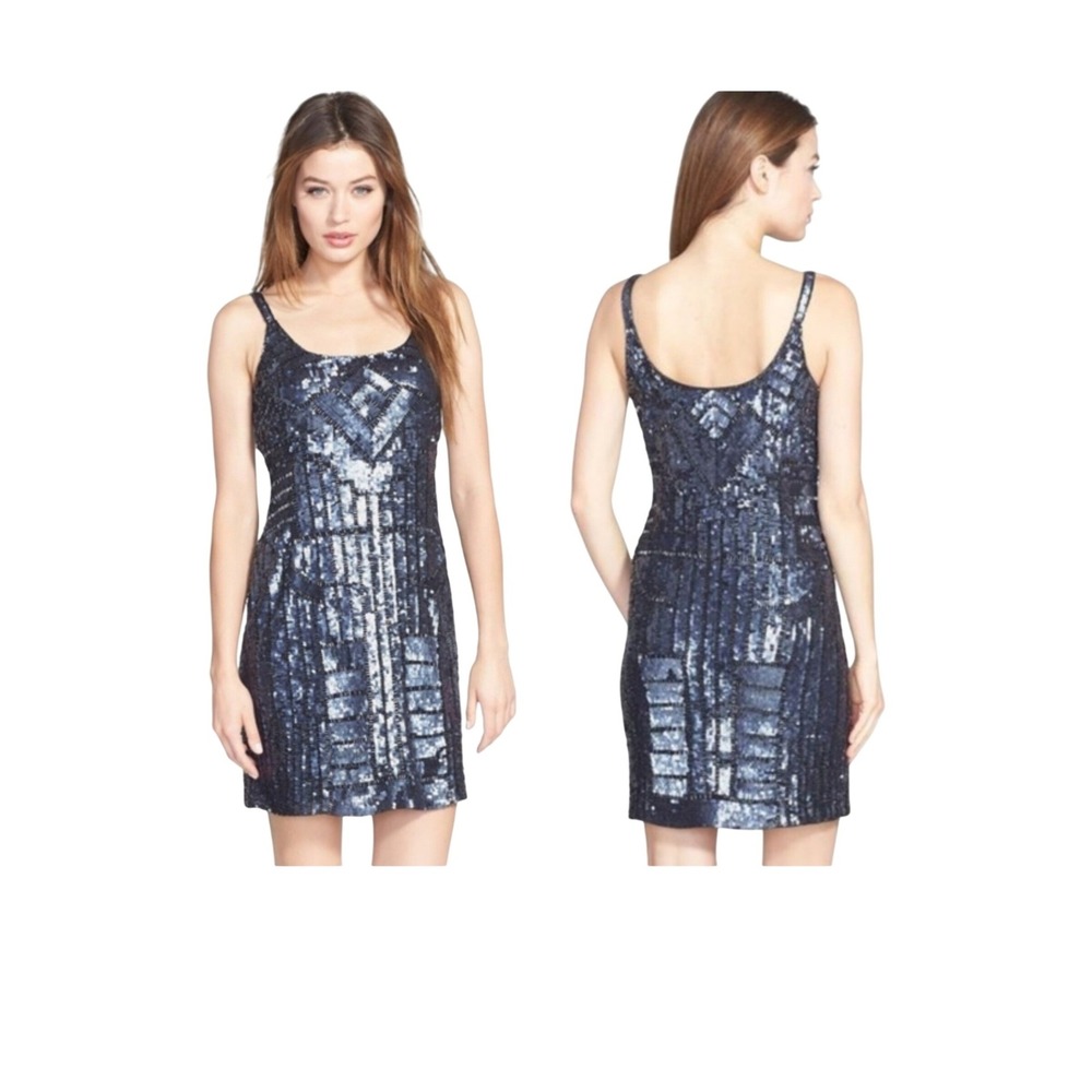 Adrianna Papell Navy‎ Blue Sequin Art Deco Geometric Mini Dress Scoop Neck